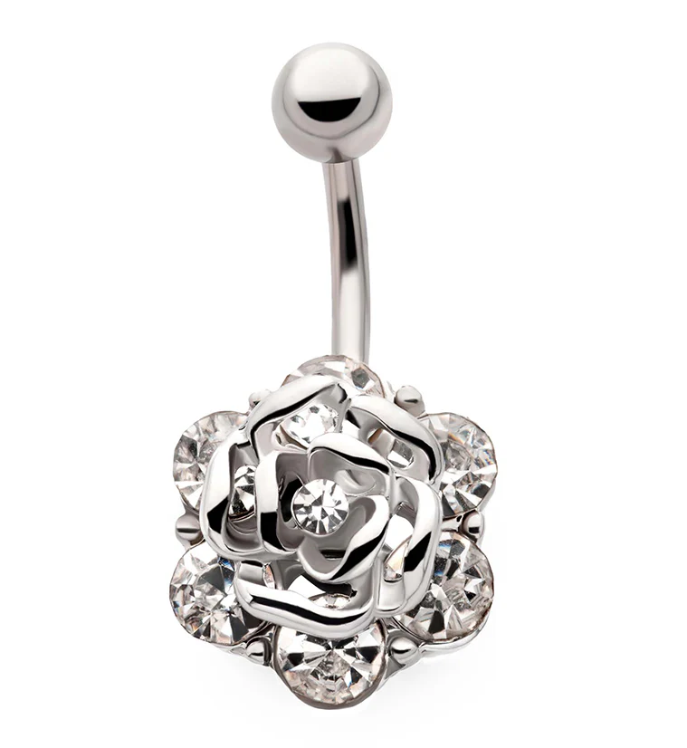 Floral Rose CZ Stainless Steel Belly Button Ring - Mrs Treak