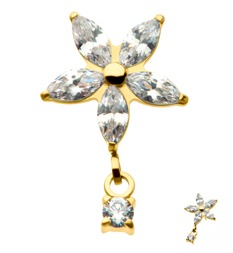 24kt Gold PVD Flower Dangle CZ Threadless Titanium Top - Mrs Treak