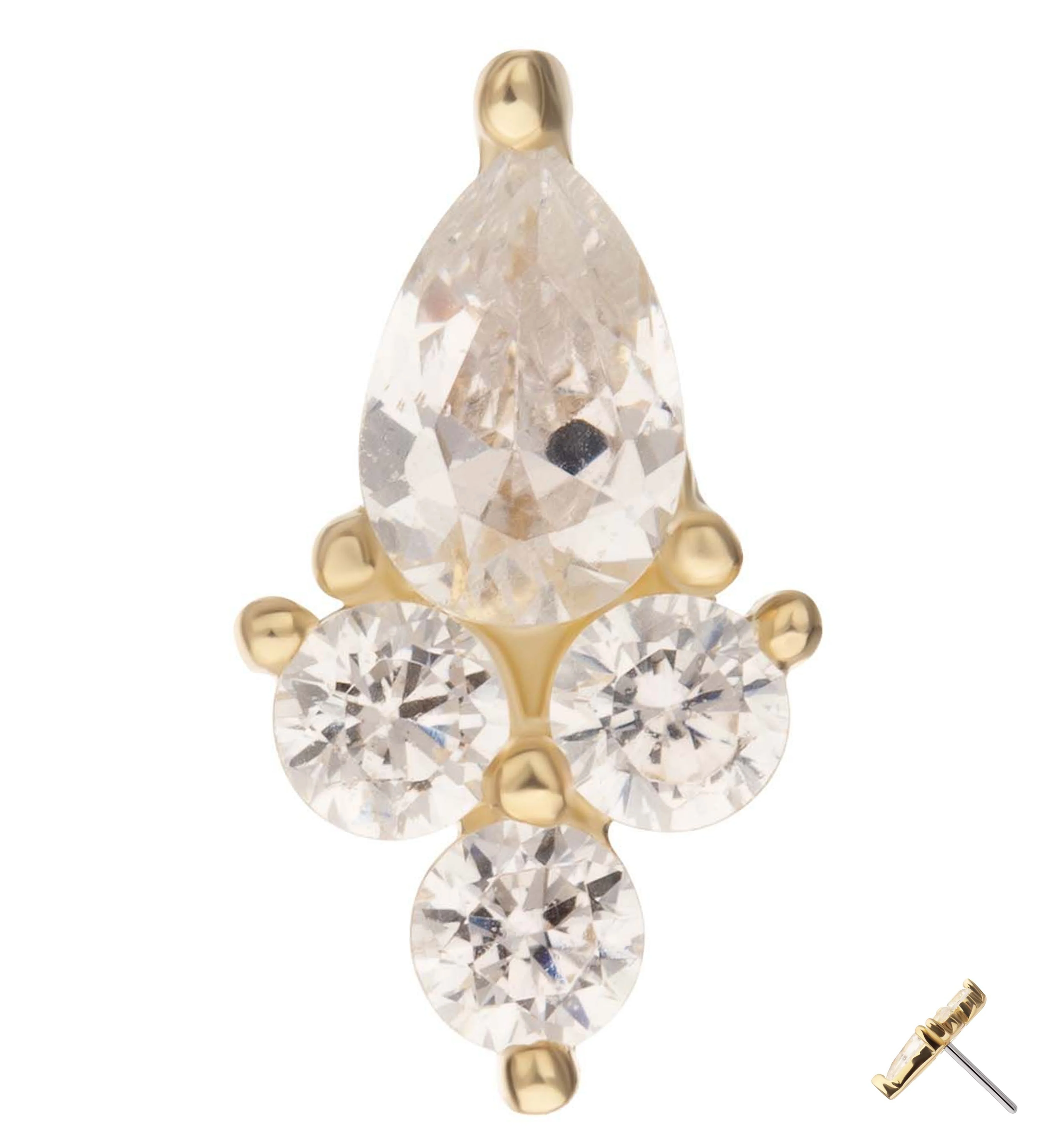 14kt Gold Teardrop Trinity Bottom Clear CZ Threadless Top - Mrs Treak