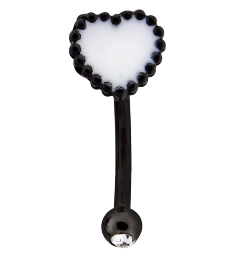 Black PVD White Beaded Heart Clear CZ Curved Barbell - Mrs Treak