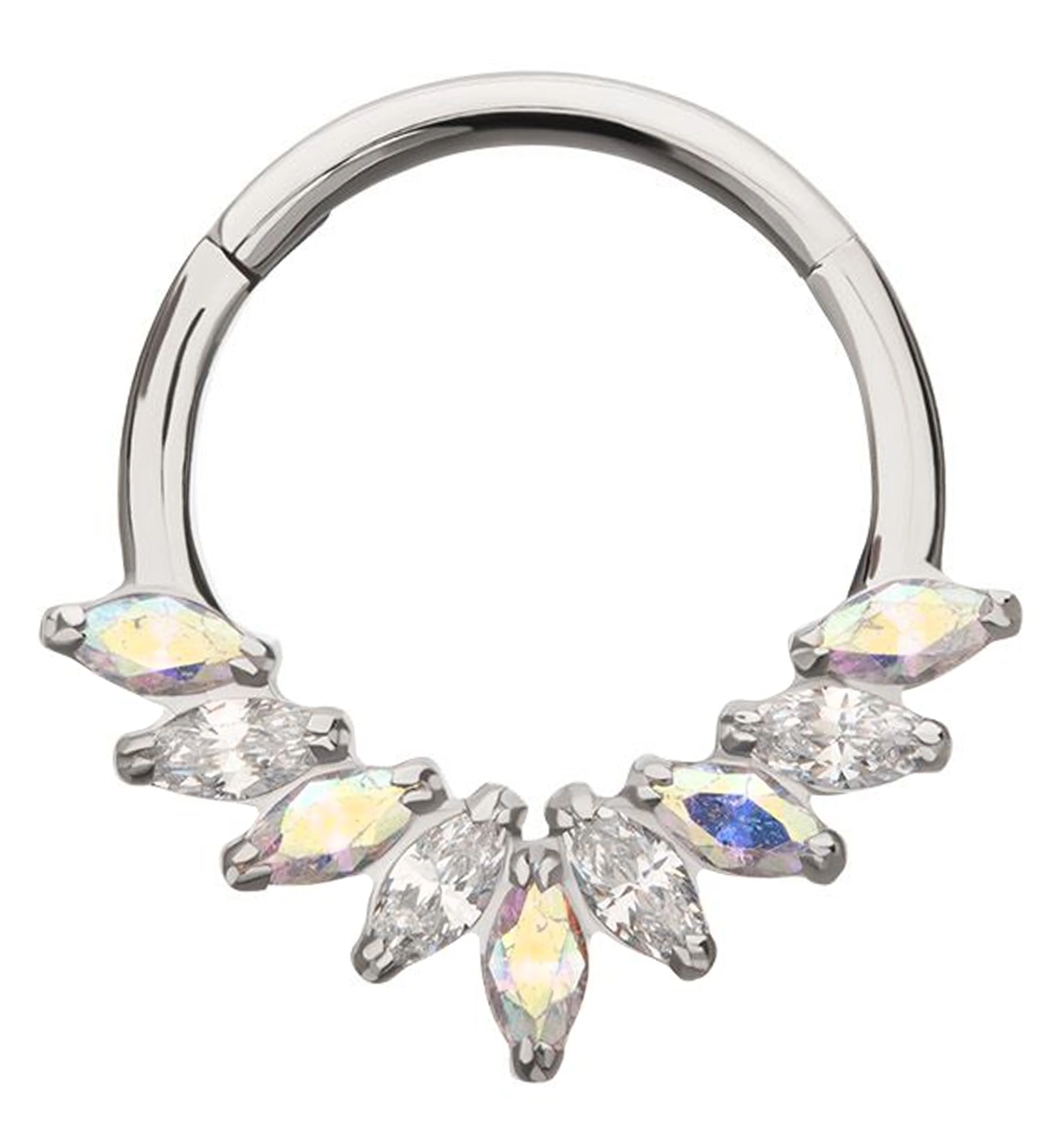 Half Crown Cluster Rainbow Aurora and Clear CZ Titanium Hinged Segment Ring - Mrs Treak