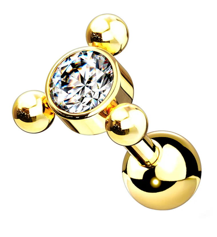 Gold PVD Pyramid Triple Bead Gem Cartilage Barbell - Mrs Treak