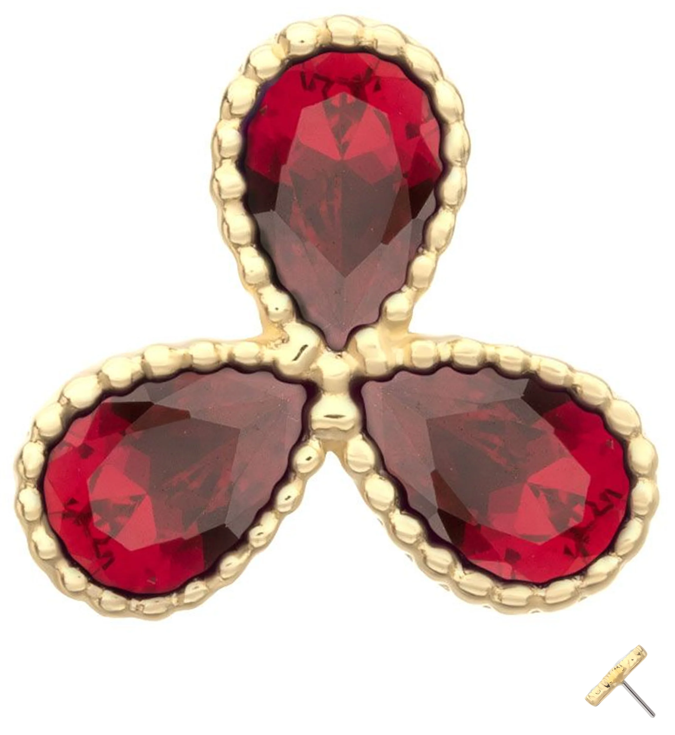 14kt Gold Triple Milgrain Teardrop Ruby CZ Threadless Top - Mrs Treak