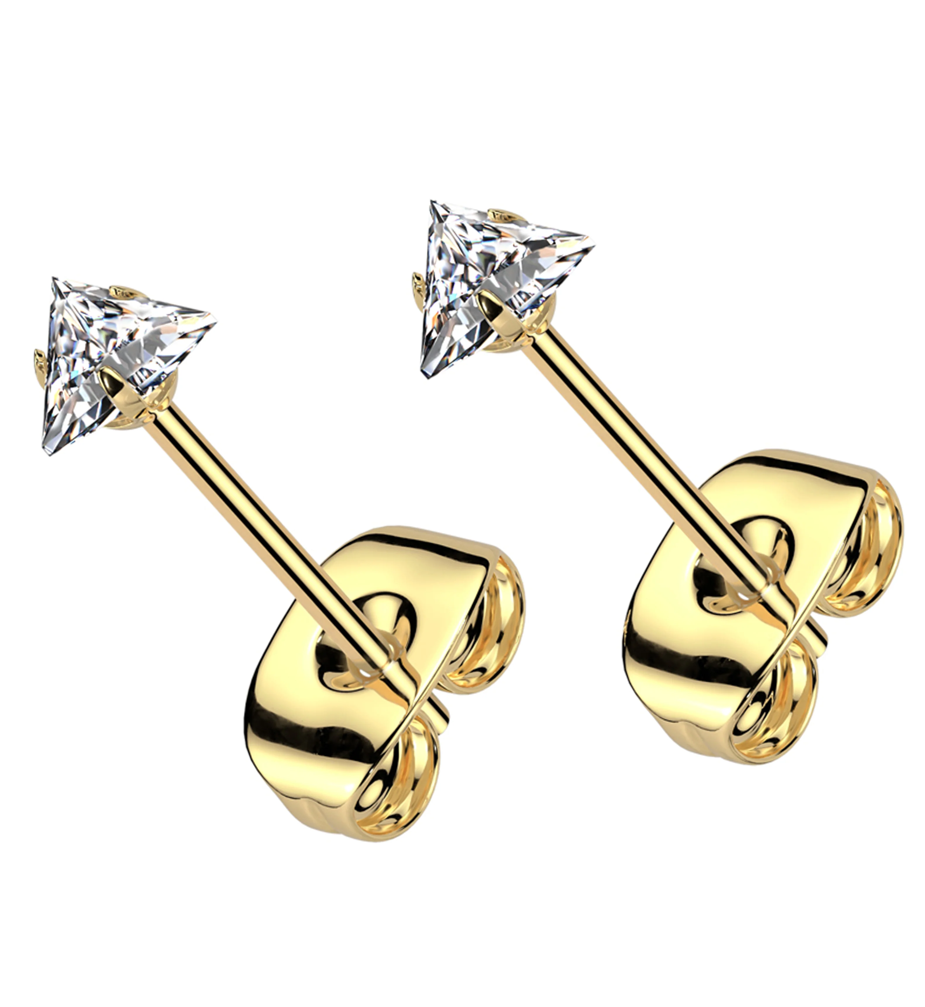 Gold PVD Prong Triangle Clear CZ Stainless Steel Stud Earrings - Mrs Treak