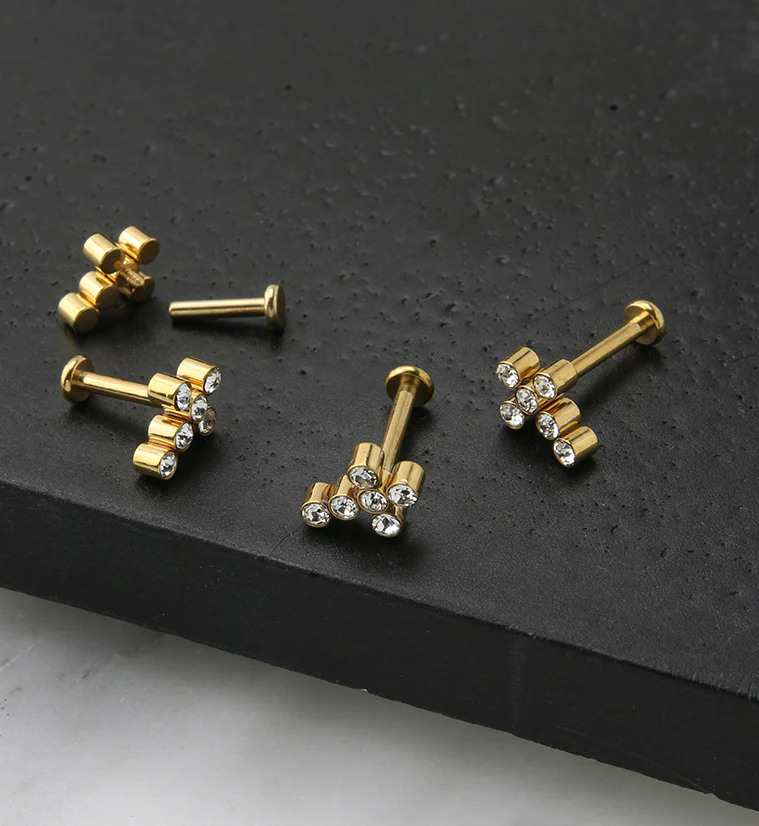 Gold PVD Cross CZ Titanium Internally Threaded Labret - Mrs Treak