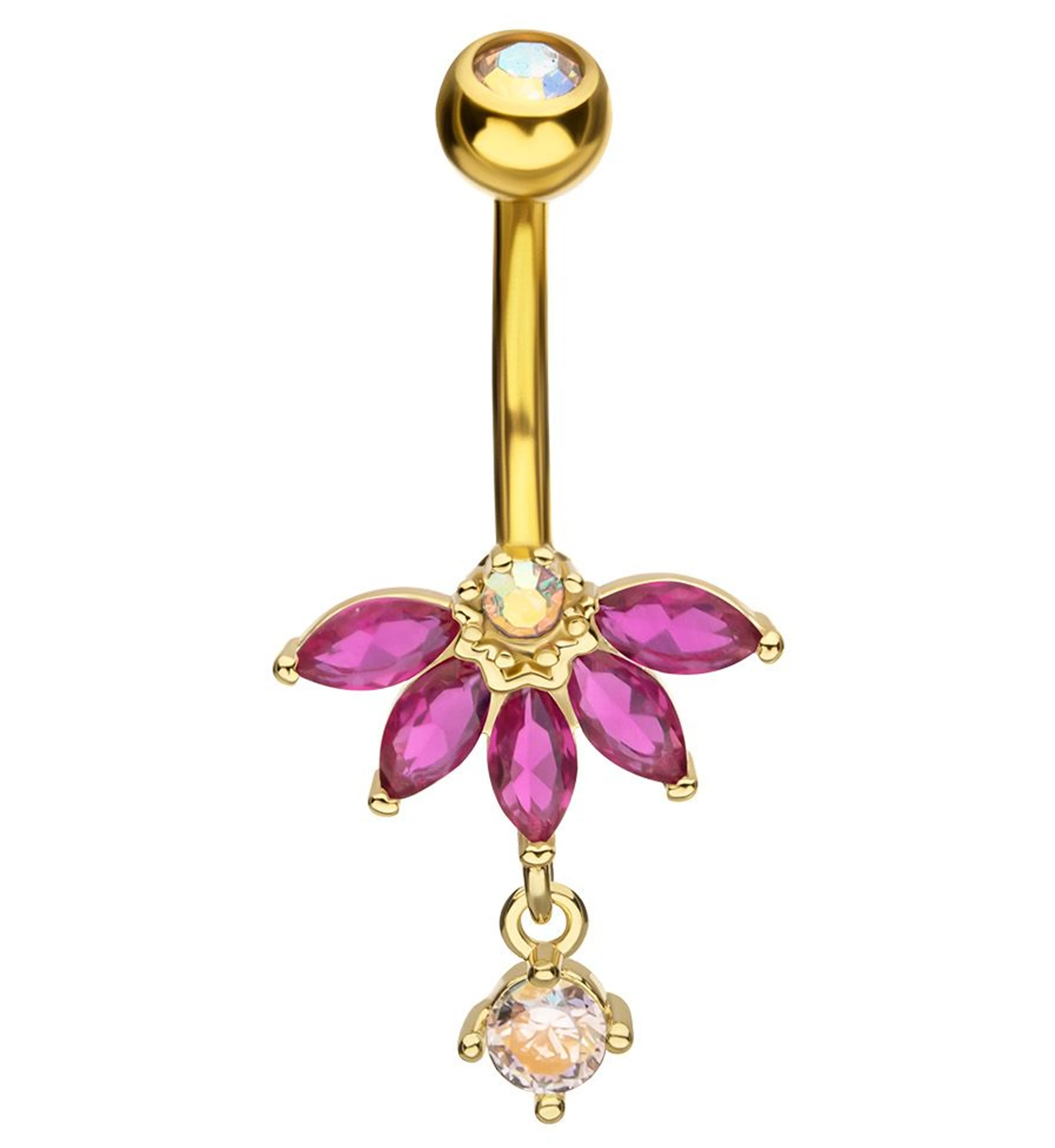 Gold PVD Half Flower Fuchsia And Rainbow Aurora CZ Dangle Stainless Steel Belly Button Ring - Mrs Treak