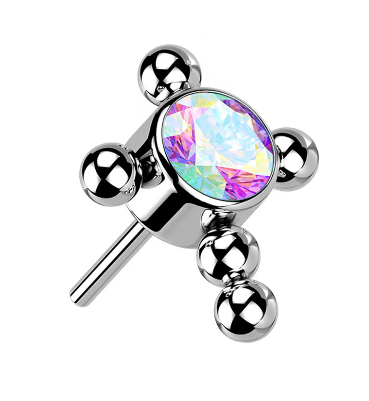 Rainbow Aurora CZ Beaded Cross Titanium Threadless Top - Mrs Treak