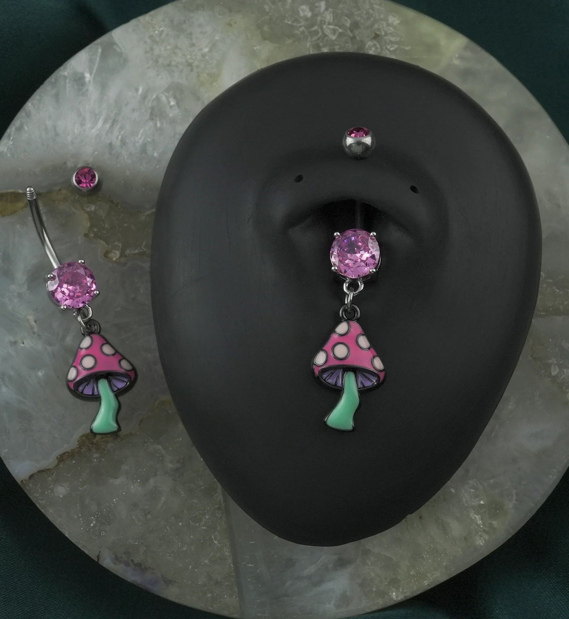 Pink Mushroom Pink CZ Stainless Steel Belly Button Ring - Mrs Treak