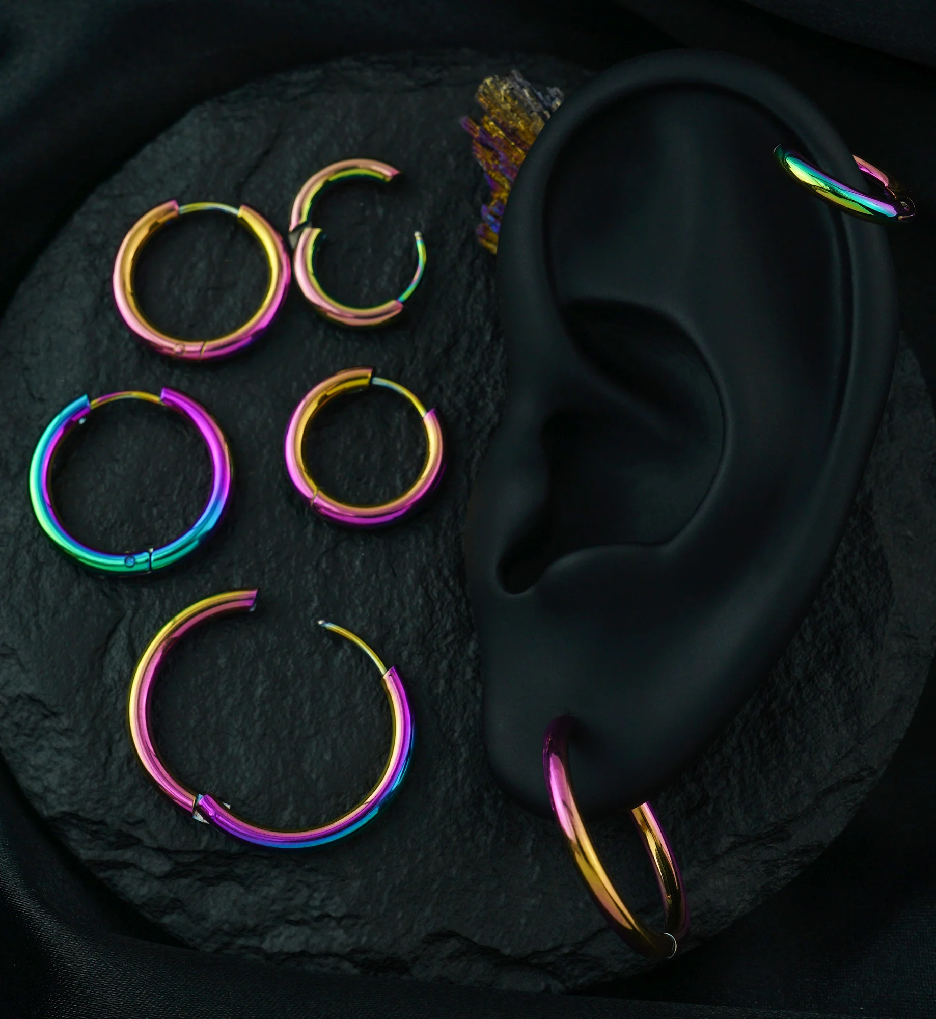 Rainbow Anodized Stainless Steel Hinged Hoop Earrings - Mrs Treak
