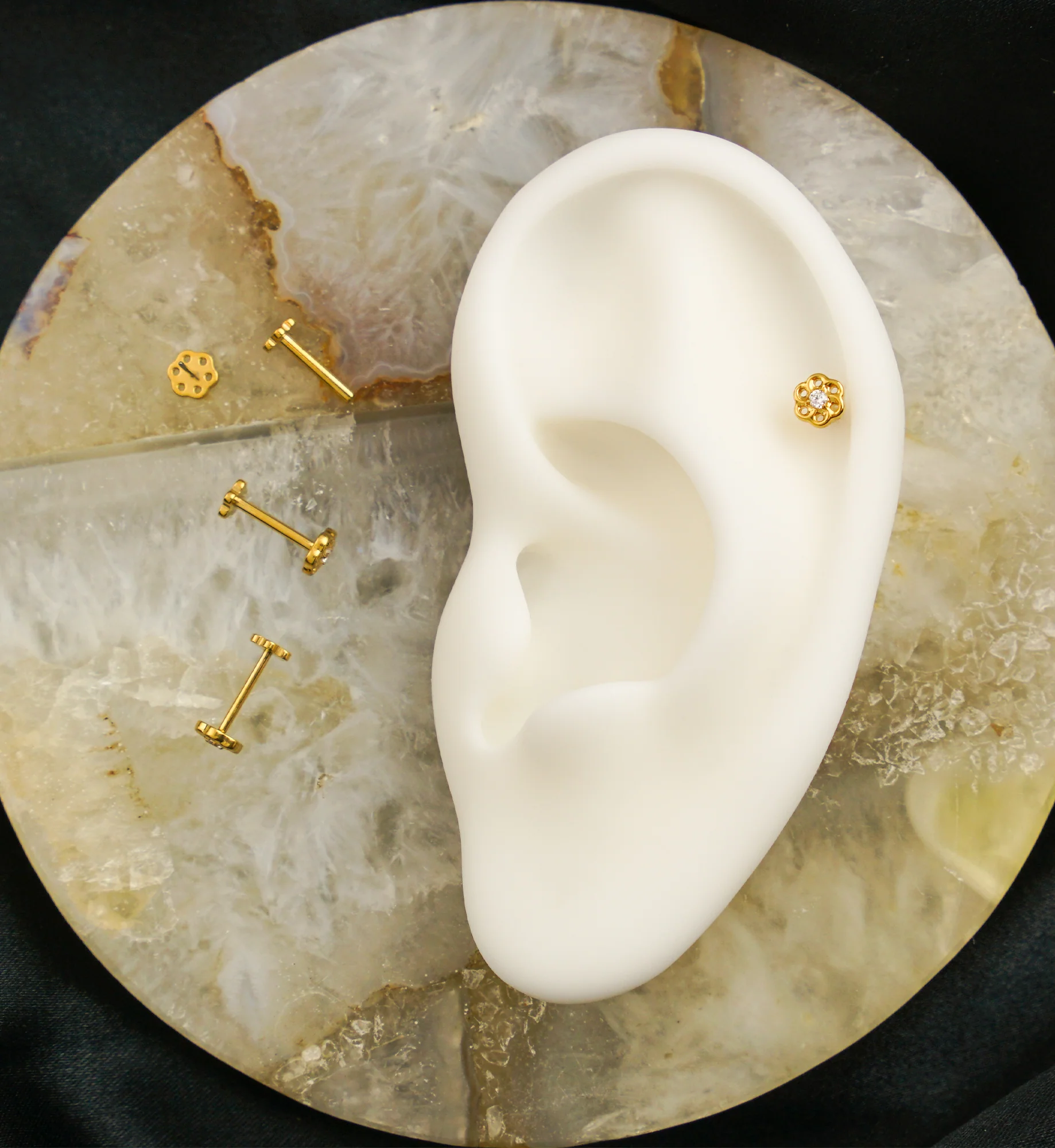 Gold PVD Swirling Flower Clear CZ Threadless Titanium Flower Back Labret - Mrs Treak