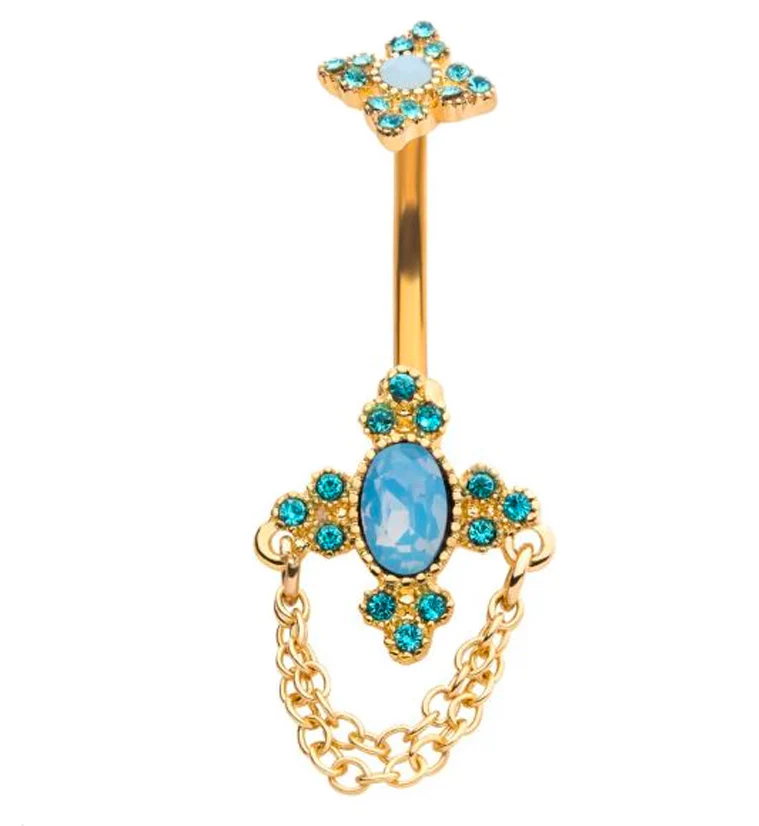 Gold PVD Regal Opalite Dangle Chain Aqua CZ Belly Button Ring - Mrs Treak