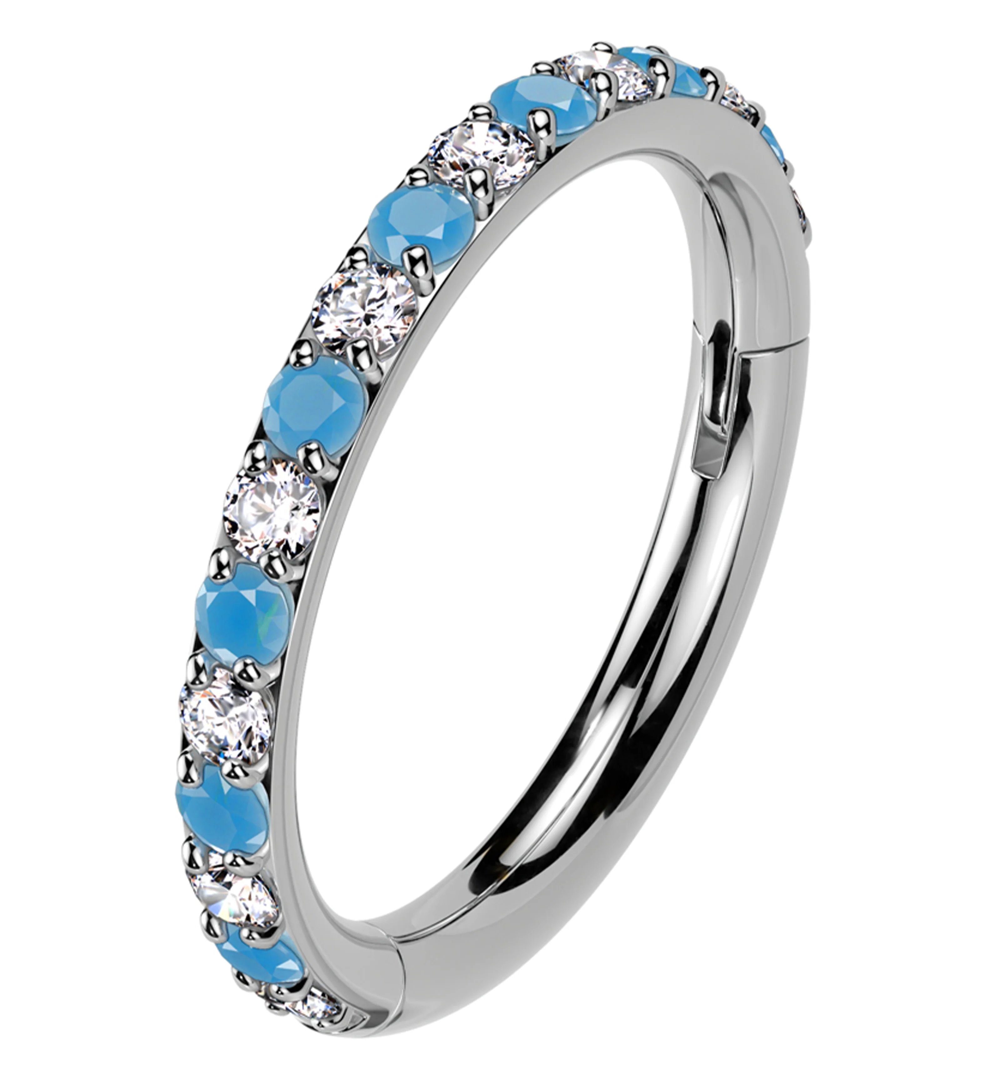 Side Facing Clear CZ Turquoise Titanium Hinged Segment Ring - Mrs Treak