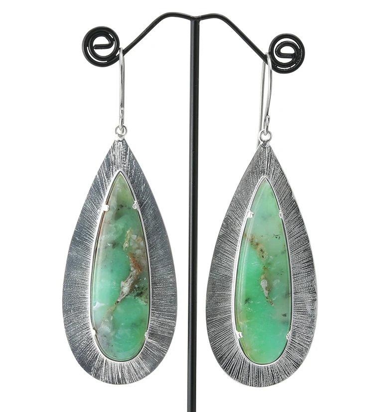 Score Chrysoprase Stone White Brass Hangers / Earrings - Mrs Treak