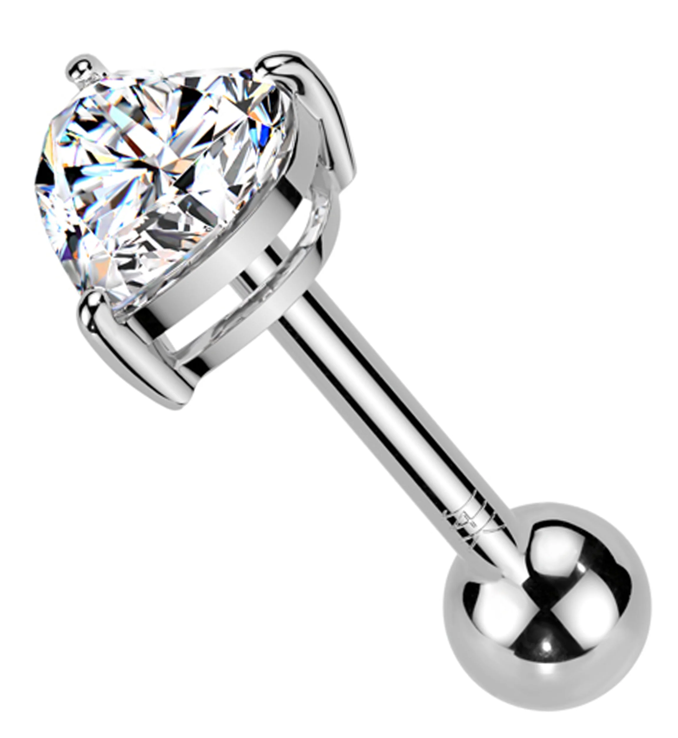 14kt White Gold Heart Clear CZ Threadless Cartilage Barbell - Mrs Treak