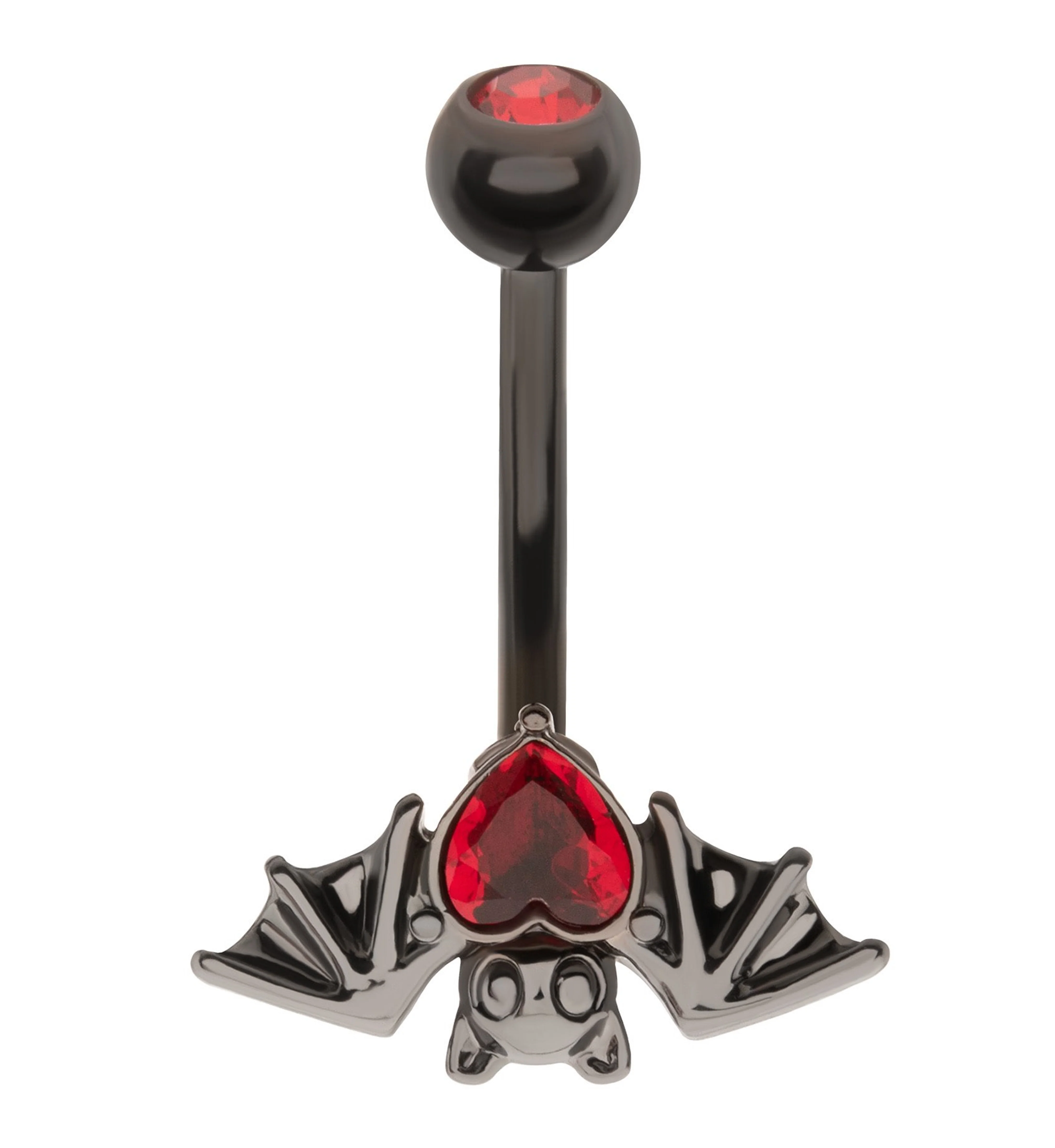 Black PVD Upside Down Bat Red Heart CZ Stainless Steel Belly Button Ring - Mrs Treak