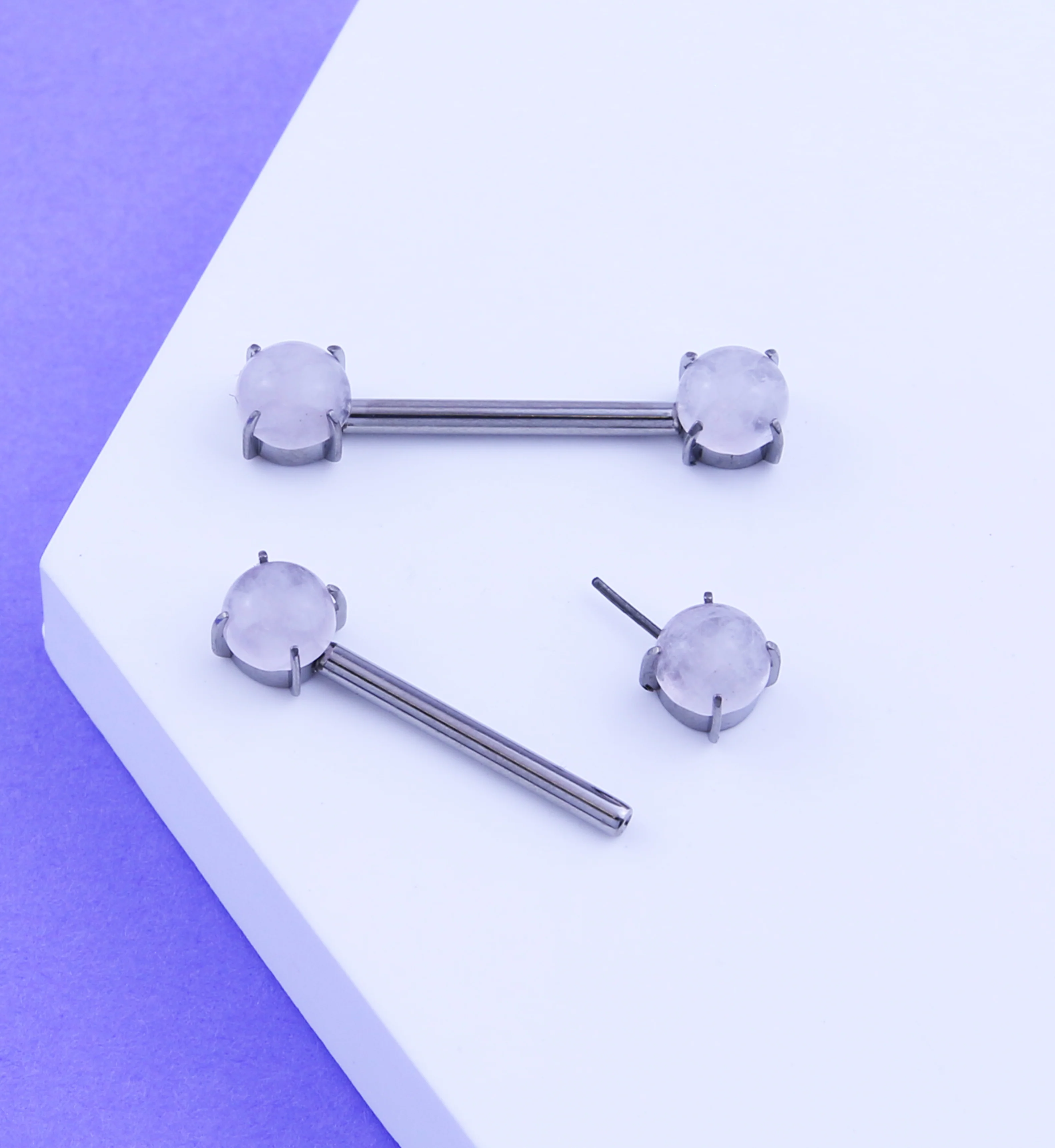 Double Rose Quartz Stone Threadless Titanium Nipple Barbells - Mrs Treak