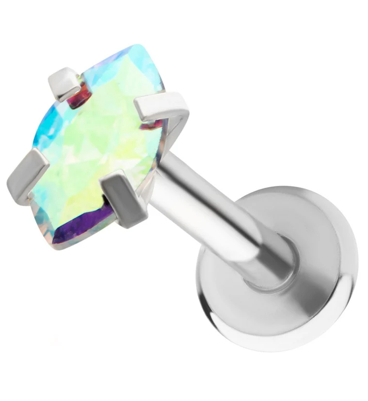 Rainbow Aurora Prong Oval CZ Stainless Steel Internally Threaded Labret - Mrs Treak