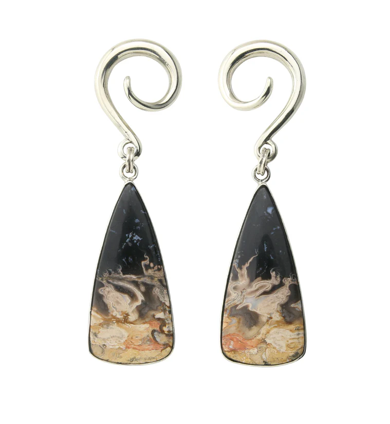 Black Flame Petrified Palm Root Stone White Brass Ear Weights - Mrs Treak
