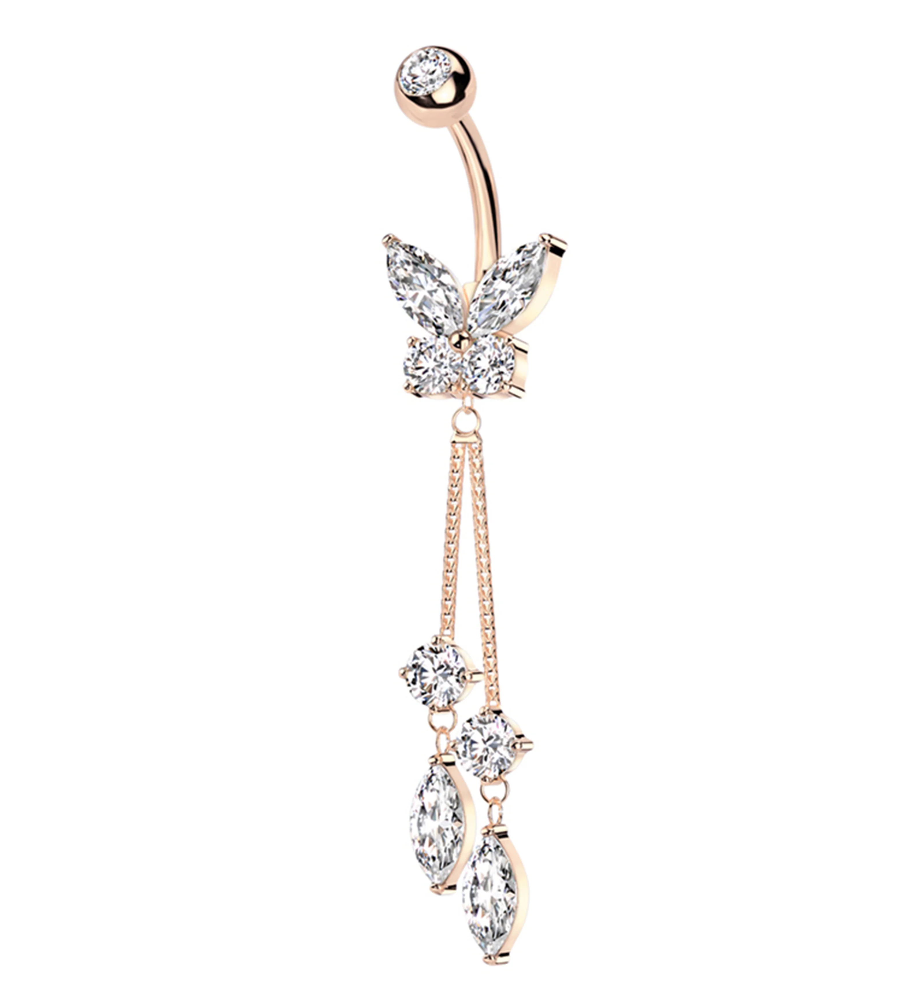 Rose Gold PVD Flying Marquise Butterfly Clear CZ Dangle Stainless Steel Belly Button Ring - Mrs Treak