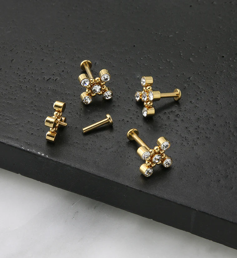 Gold PVD Quincunx CZ Titanium Internally Threaded Labret - Mrs Treak