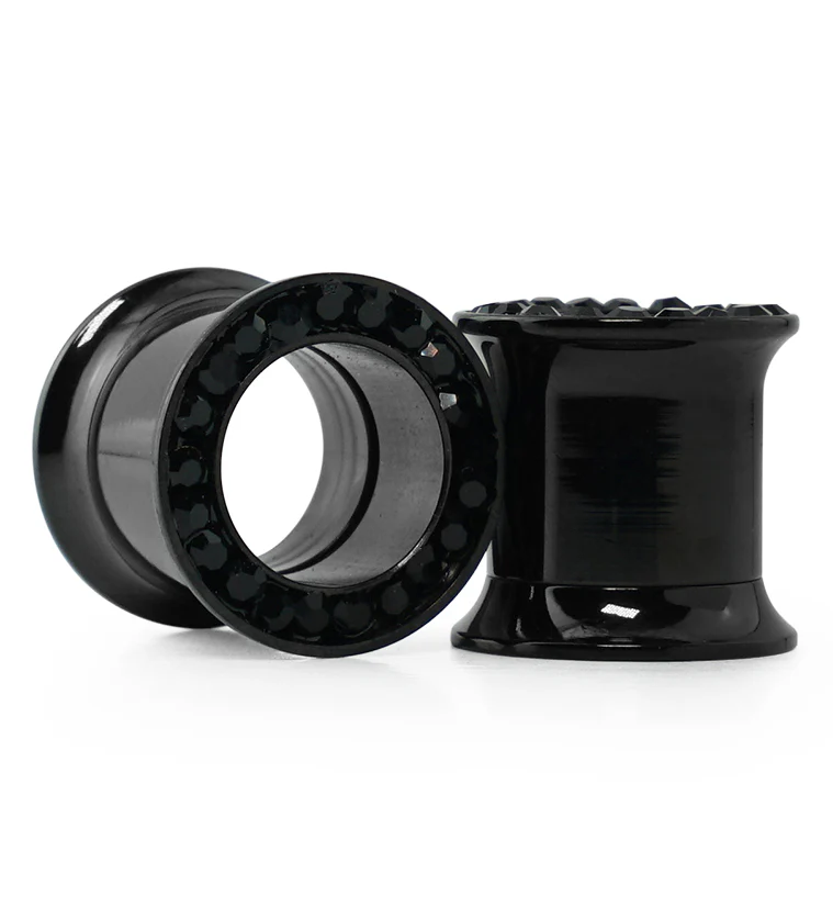 Black PVD Internally Threaded Black CZ Stainless Steel Tunnels - Mrs Treak
