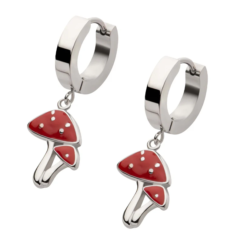 Red Spotted Mushroom Stainless Steel Hoop Huggie Earrings - Mrs Treak