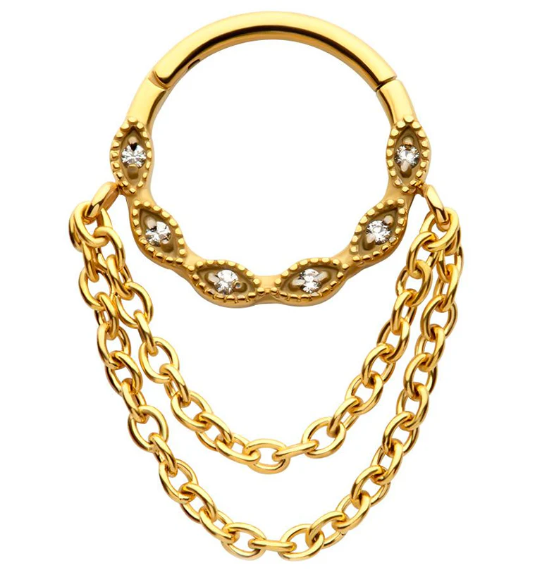 Gold PVD Twist Beaded CZ Double Dangle Chain Stainless Steel Hinged Segment Ring - Mrs Treak