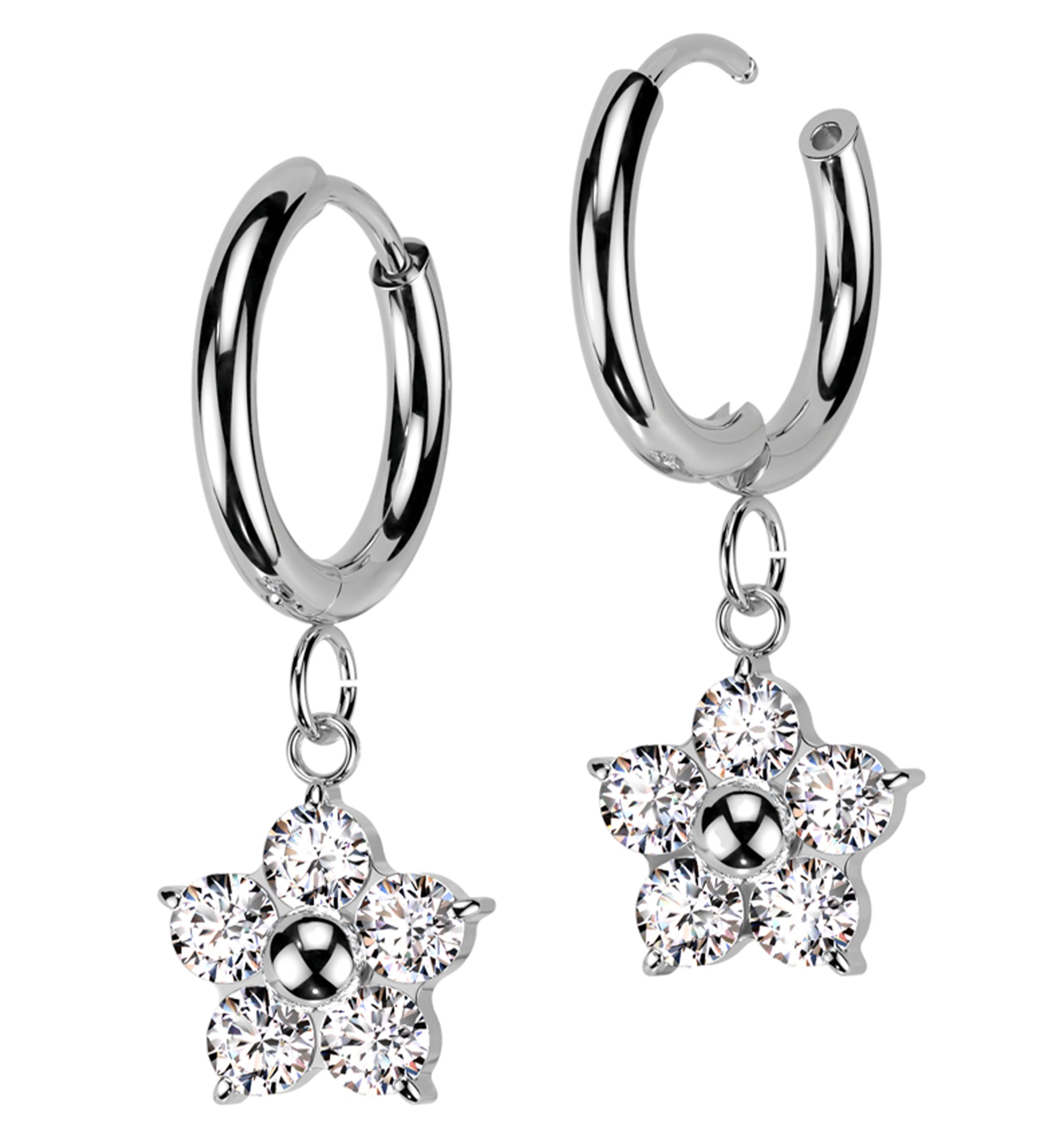 Flower Dangle Clear CZ Stainless Steel Hoop Earrings - Mrs Treak