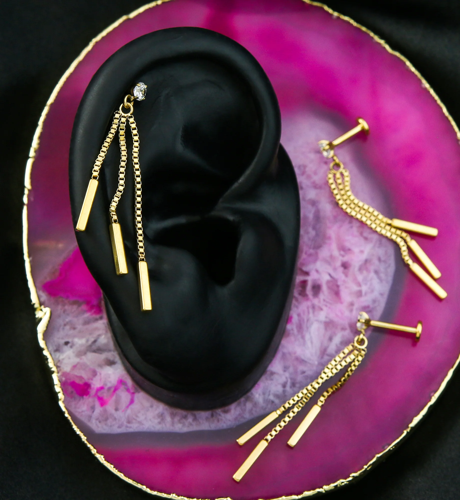 Gold PVD Triple Dangle Clear CZ Stainless Steel Internally Threaded Labret - Mrs Treak