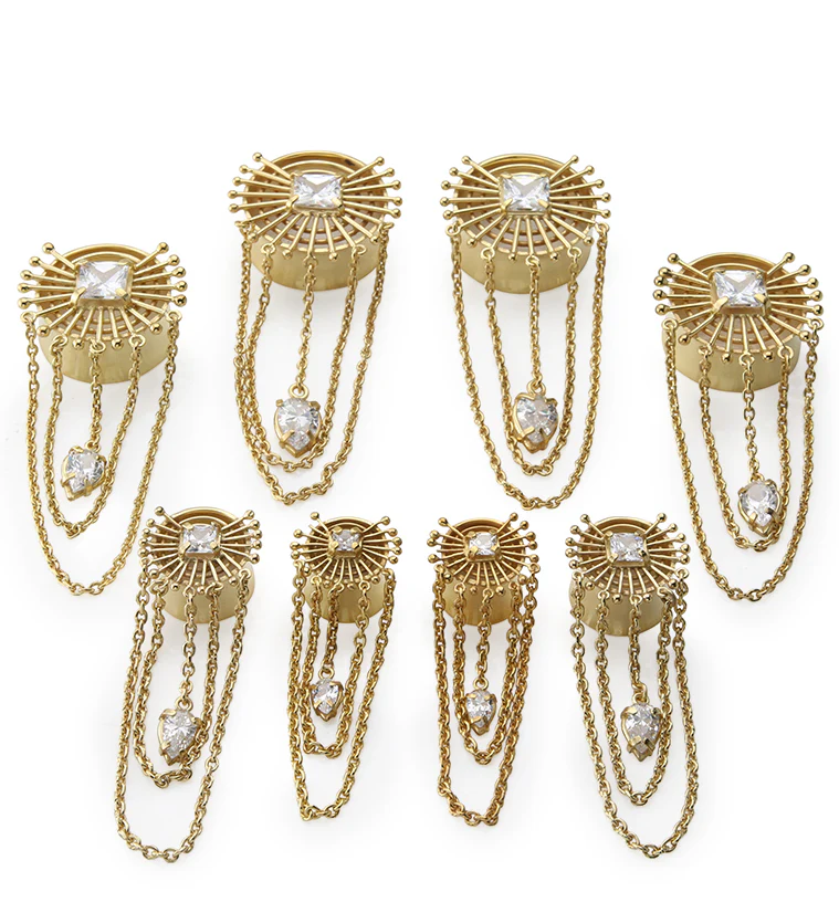 Gold PVD Brass Sunburst Tunnel Plugs With Chains - Mrs Treak