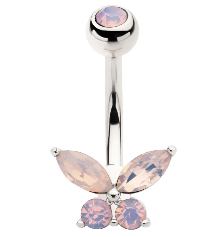 Pink Opalite Butterfly Stainless Steel Belly Button Ring - Mrs Treak