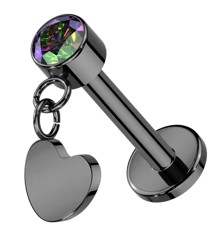 Black PVD Heart Dangle Black Aurora CZ Titanium Threadless Labret - Mrs Treak