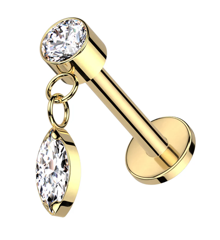 Gold PVD Dangle Marquise Clear CZ Internally Threaded Titanium Labret - Mrs Treak