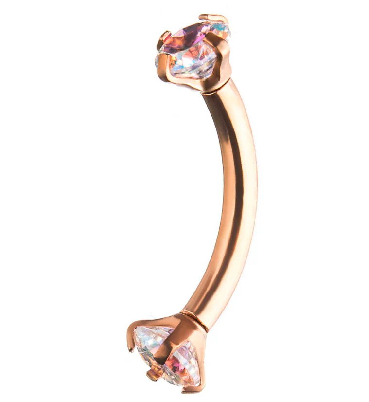 Rose Gold PVD Rainbow Aurora CZ Prong Set Stainless Steel Curved Barbell - Mrs Treak