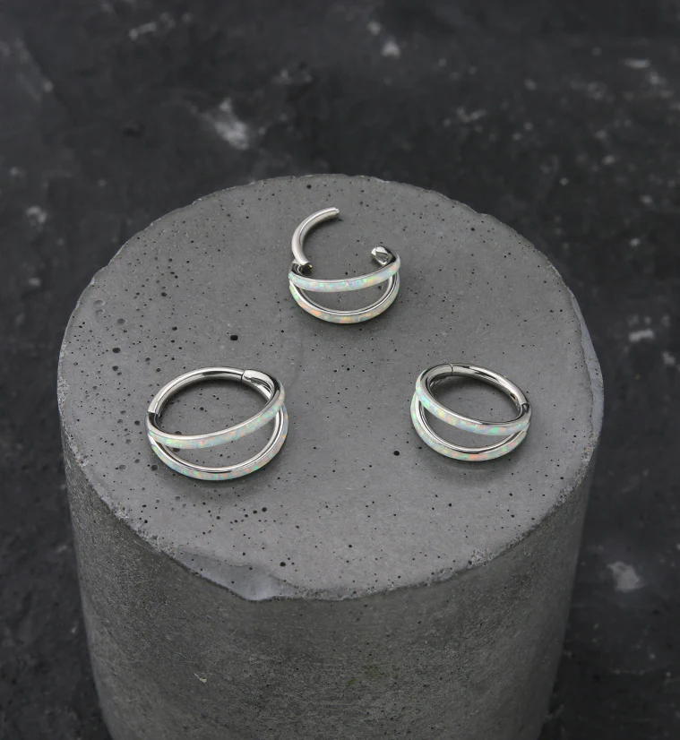 Double Bar White Opalite Titanium Hinged Segment Ring - Mrs Treak