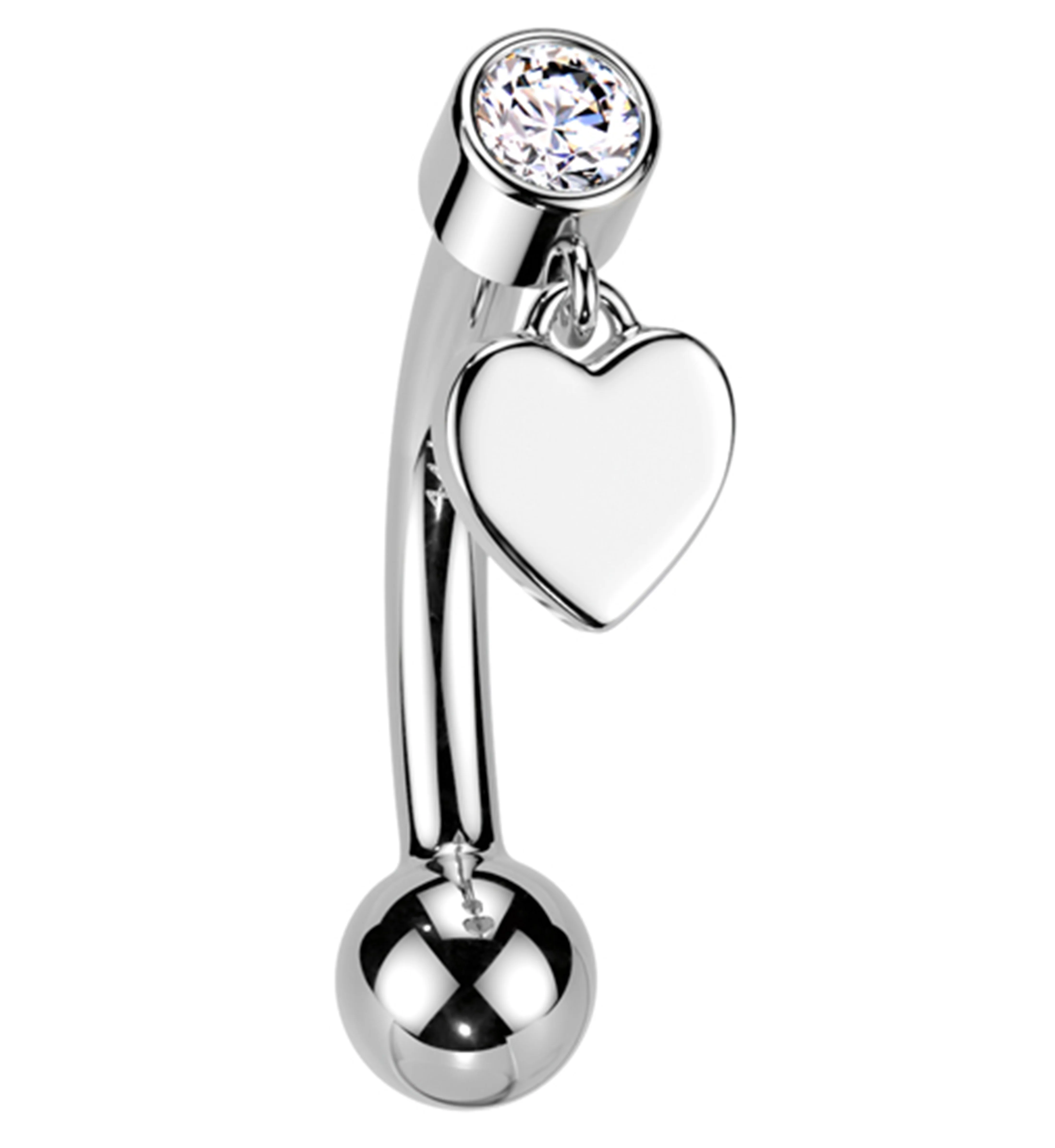 14kt White Gold Heart Dangle Clear CZ Threadless Curved Barbell - Mrs Treak