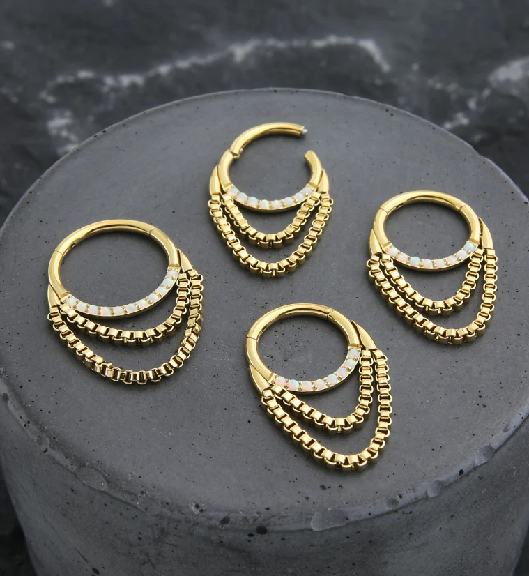 Gold PVD White Opalite Double Dangle Chain Titanium Hinged Segment Ring - Mrs Treak