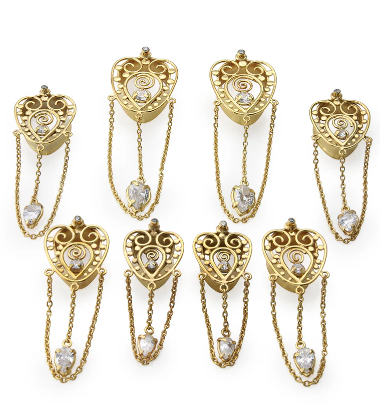 Gold PVD Brass Filigree Teardrop Tunnel Plugs With Chains - Mrs Treak