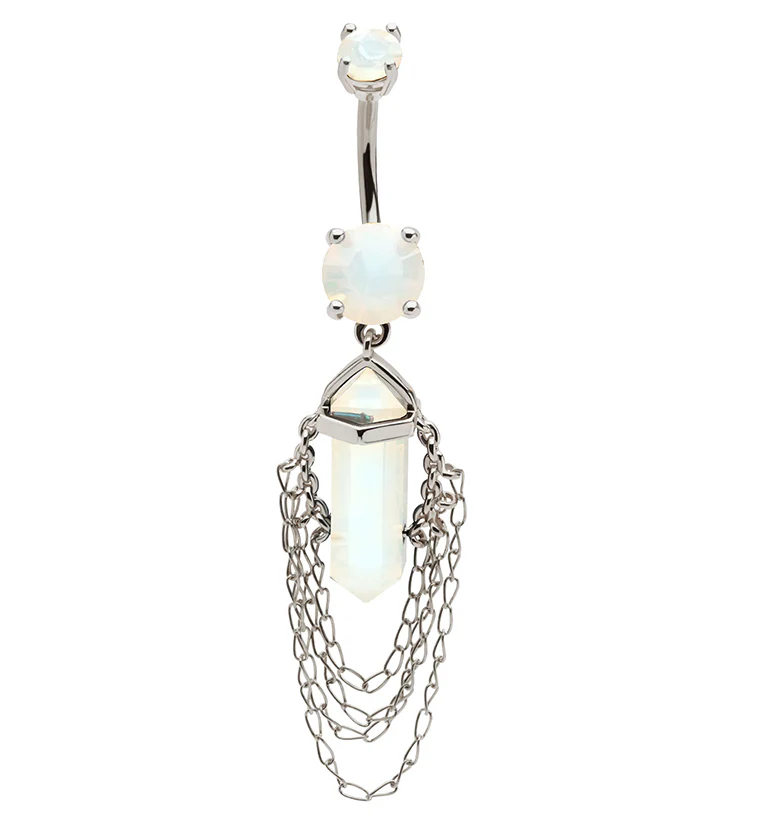 White Opalite Crystal Multi Dangle Chain Stainless Steel Belly Button Ring - Mrs Treak