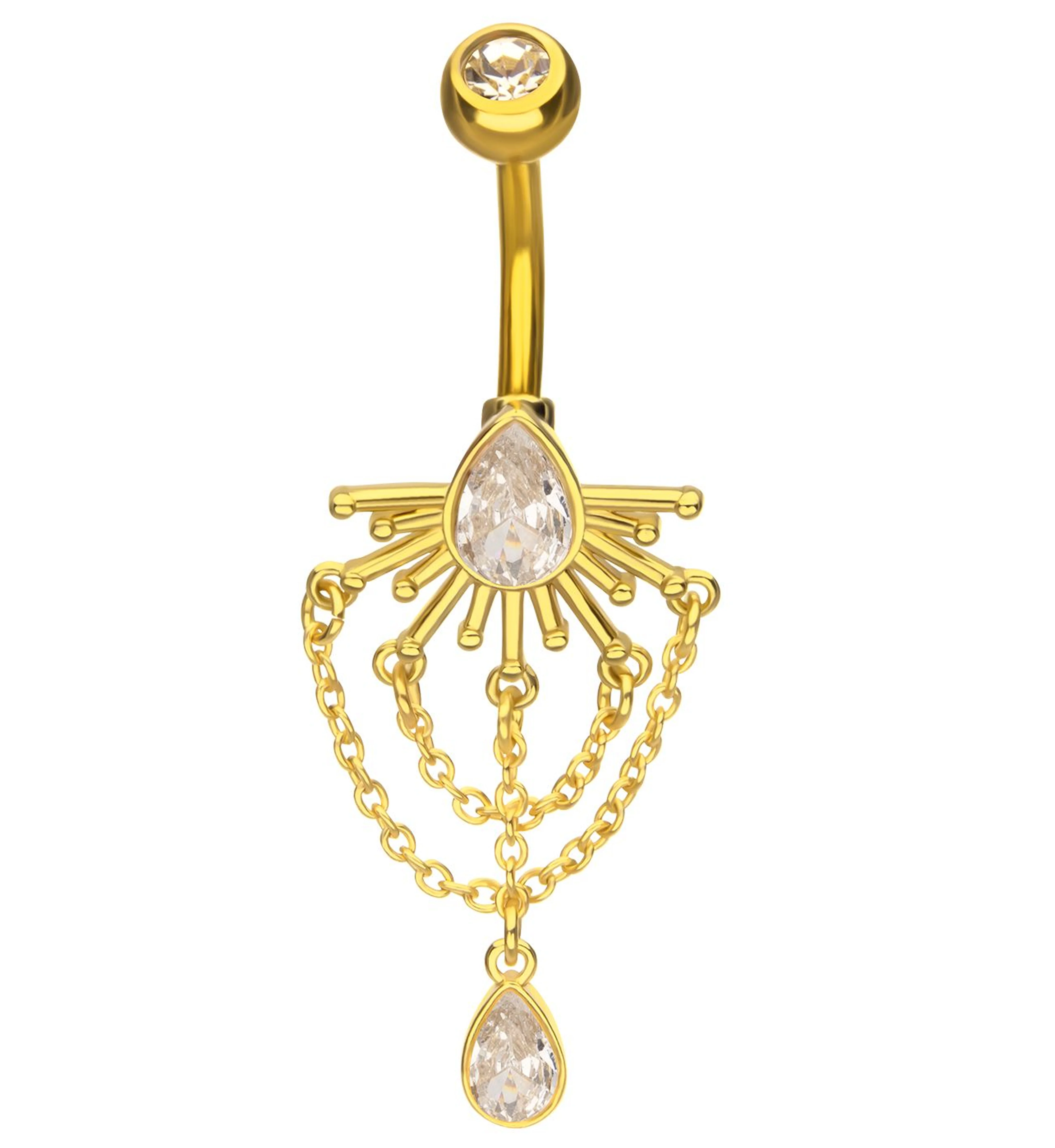 Gold PVD Sunrays Teardrop Clear CZ Dangle Chain Stainless Steel Belly Button Ring - Mrs Treak