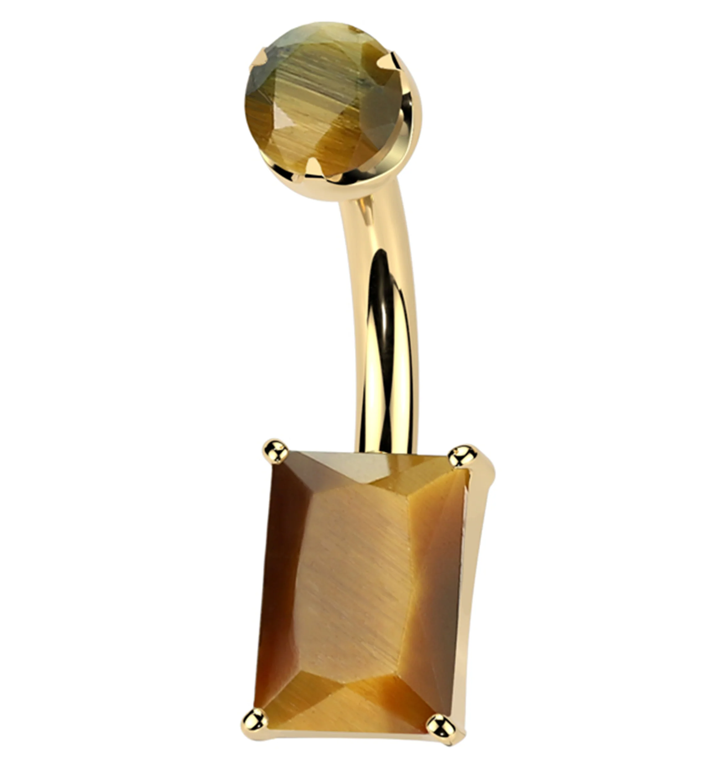 Gold PVD Rectangle Tiger Eye Stone Titanium Internally Threaded Belly Button Ring - Mrs Treak