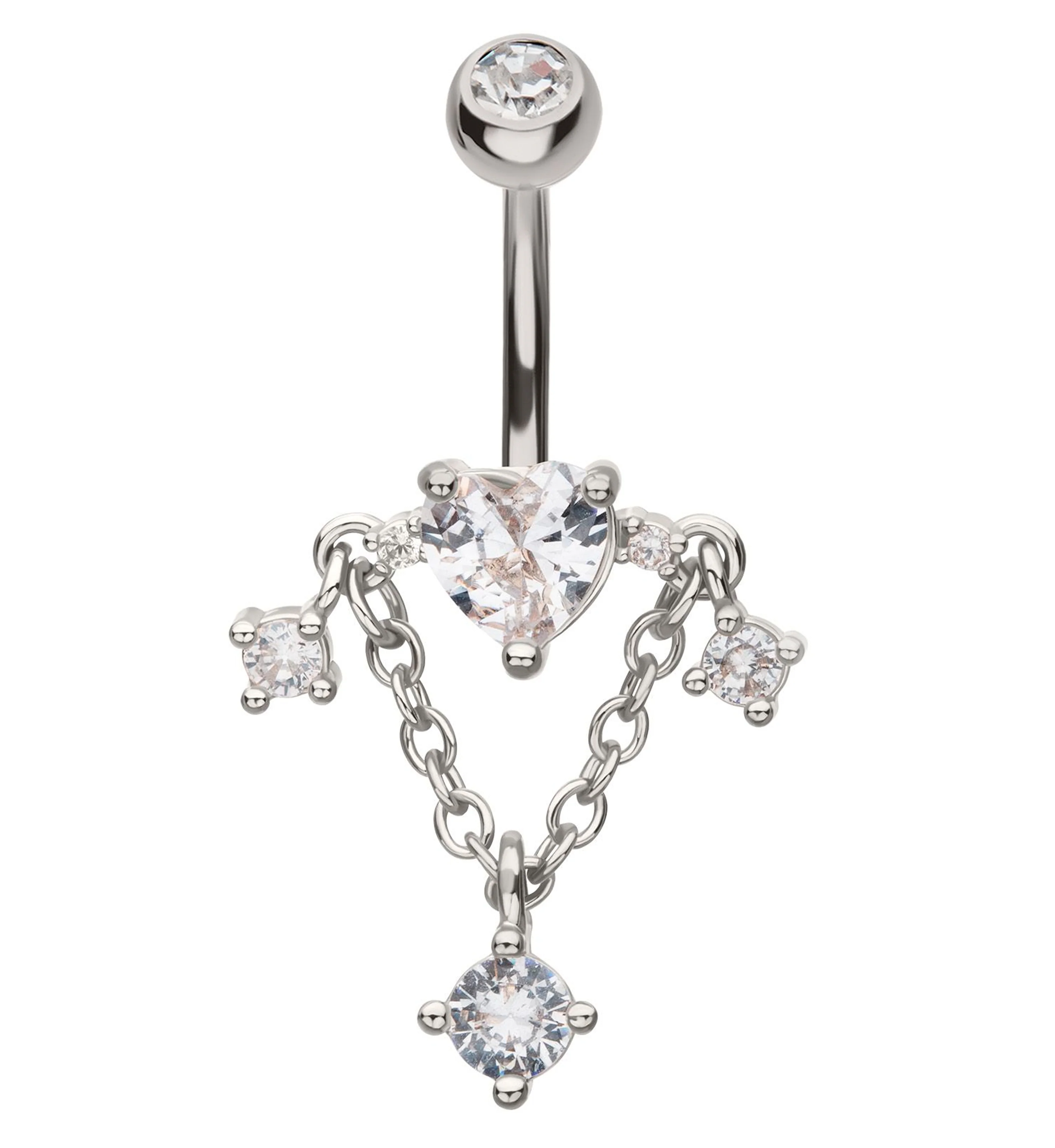 Heart Triple Clear CZ Dangle Chain Stainless Steel Belly Button Ring - Mrs Treak