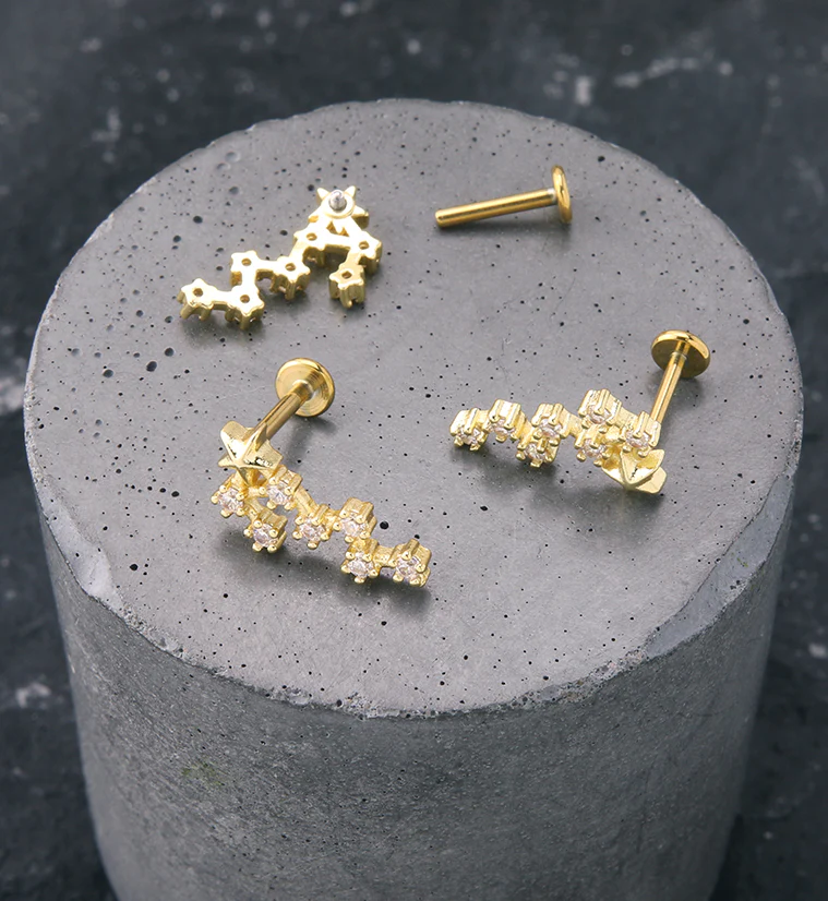 Gold PVD Scorpio Constellation Clear CZ Stainless Steel Internally Threaded Labret - Mrs Treak