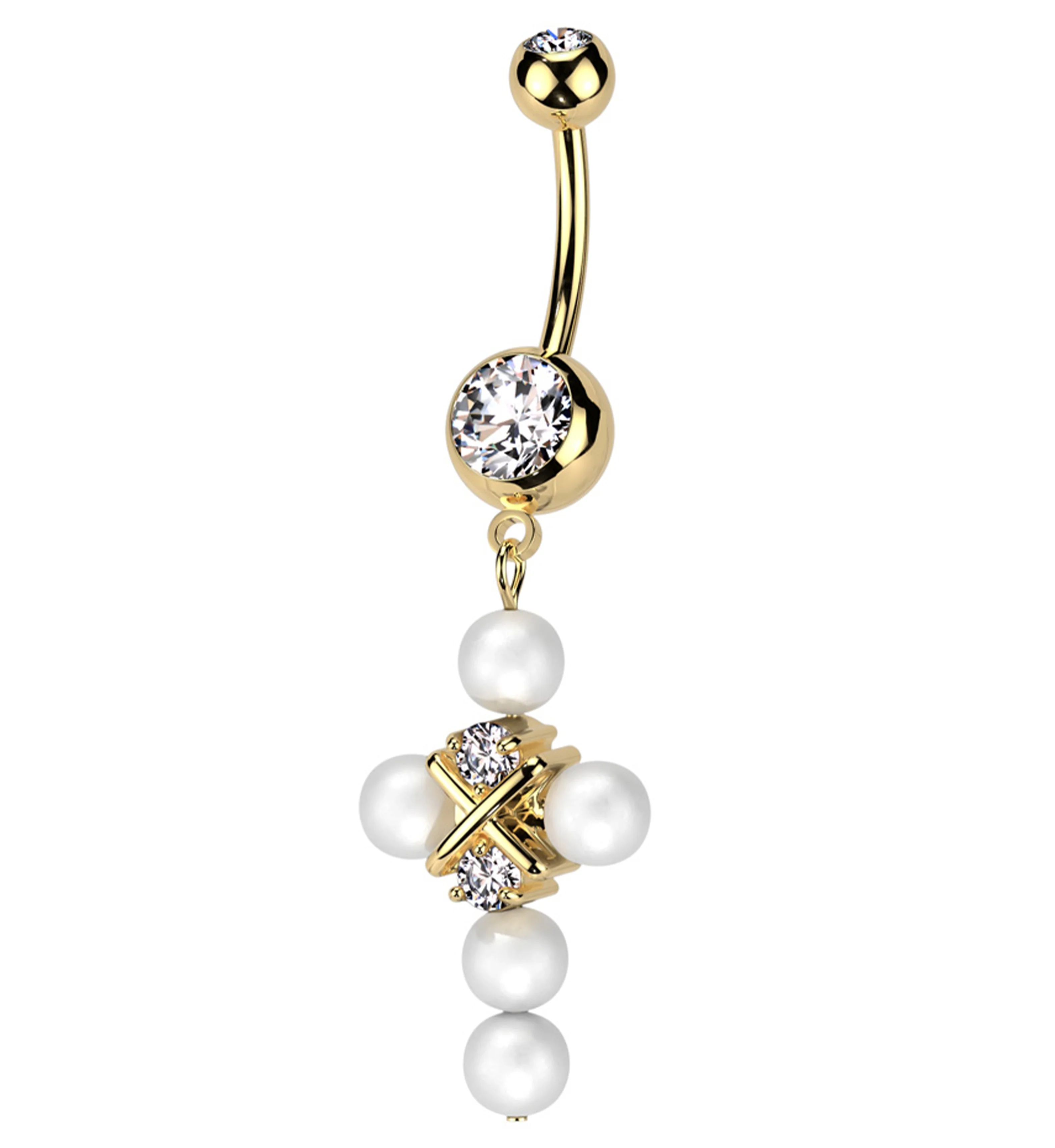 Gold PVD Pearl Cross CZ Dangle Stainless Steel Belly Button Ring - Mrs Treak