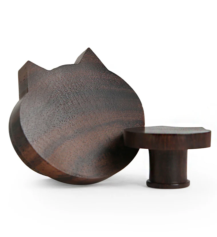 Carved Cat Face Sono Wood Plugs - Mrs Treak