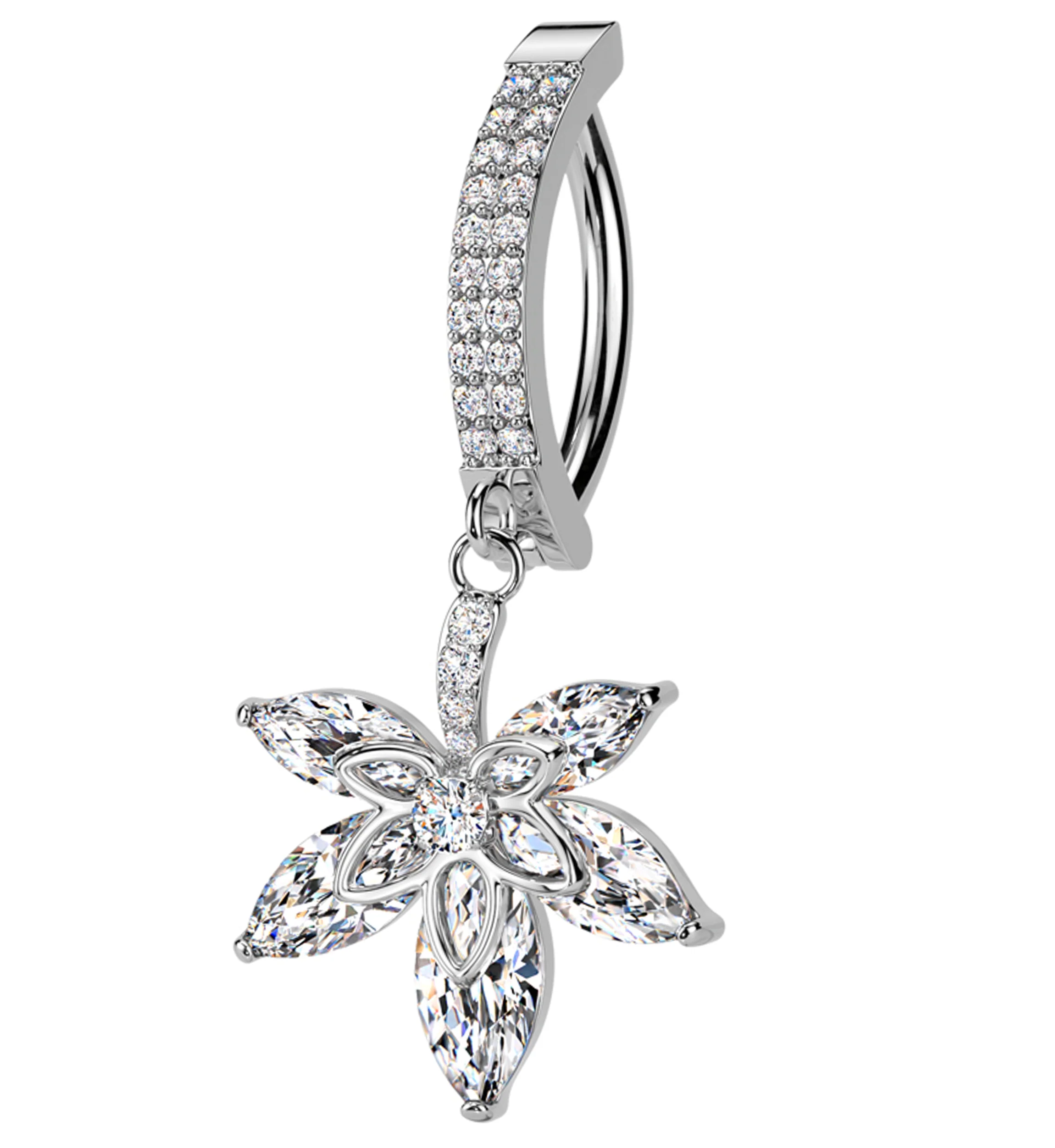 Hemp Leaf Dangle Clear CZ Stainless Steel Hinged Belly Button Ring - Mrs Treak