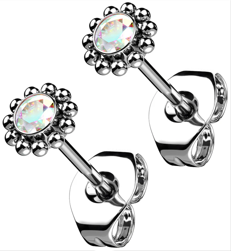 Beaded Rainbow Aurora CZ Titanium Threadless Earrings - Mrs Treak