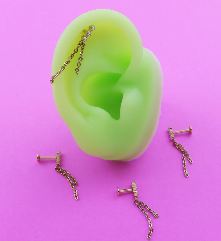 Gold PVD Stacked Triple Clear CZ Dangle Chains Titanium Internally Threaded Labret - Mrs Treak