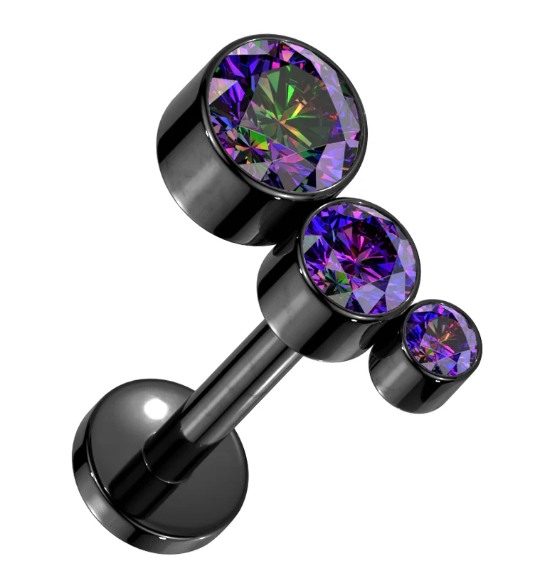 Black PVD Crescendo Rainbow Aurora CZ Titanium Internally Threaded Labret - Mrs Treak