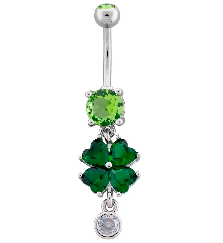 Lucky Clover Green CZ Dangle Stainless Steel Belly Button Ring - Mrs Treak